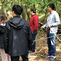Team mit Seil im Wald