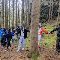 Team mit Augenbinden im Wald